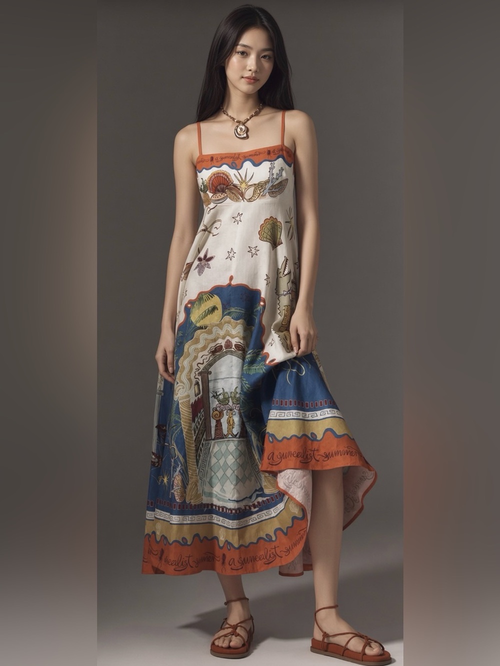 ALÉMAIS Surrealist Summer Sleeveless Linen Midi Sundress / Size AU 6 / US 2